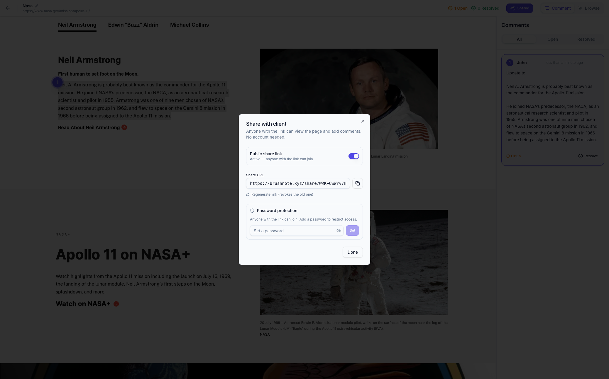 BrushNote share dialog with a public review link, a regenerate option, and a password protection field for restricting client access.